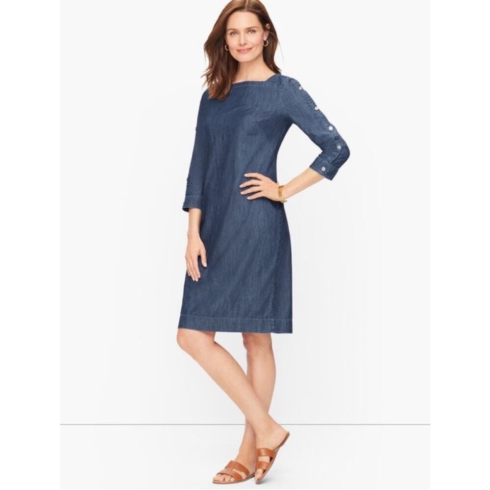 Talbots Blue Denim Square Neck Button 3/4 Sleeve Knee Length Shift Dress 14W